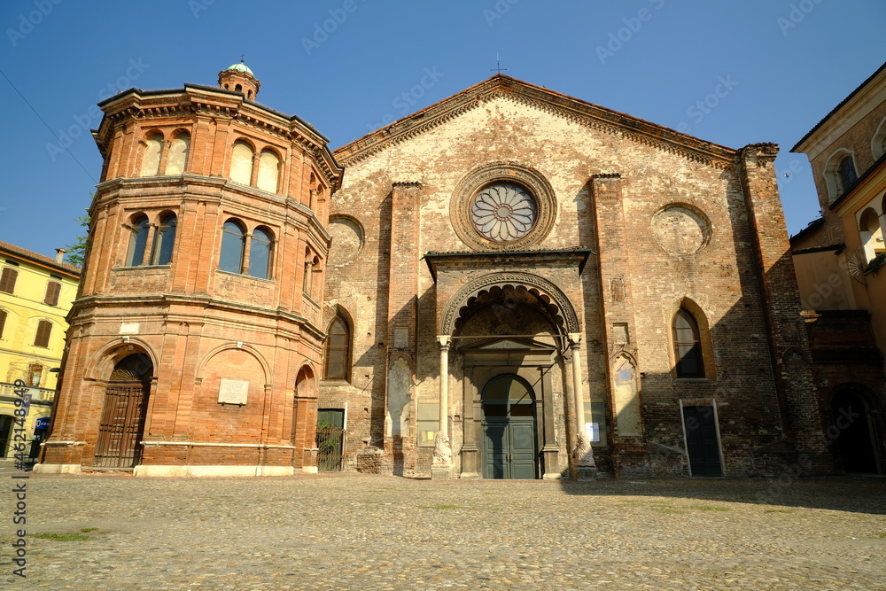 Fototapeta premium Superfetation. Romanesque brick church.San Luca di Cremona is an ancient church with a superfetation of the octagonal Tempietto del Risorto. 