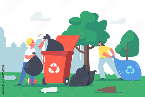 Kids Recycling Garbage, Children Characters Cleaning Garden Collect Litter in Trash Bag and Litter Bin with Recycle Sign