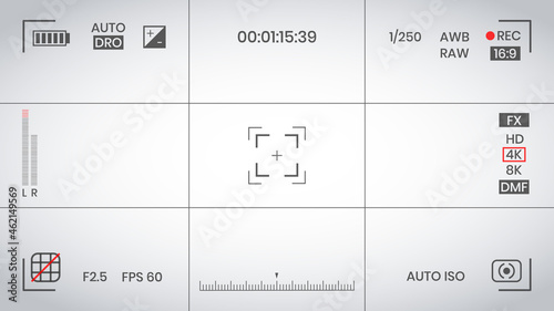 Camera viewfinder video or photo frame recorder flat style design vector illustration. Digital camera viewfinder with exposure settings and focusing grid template.