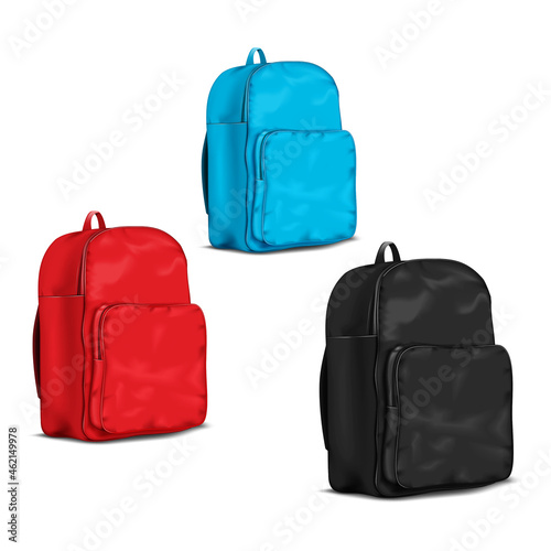 Black, red, blue blank school backpack, realistic vector mockup. Travel bag, mock-up. Template for design. Color set. Easy to recolor