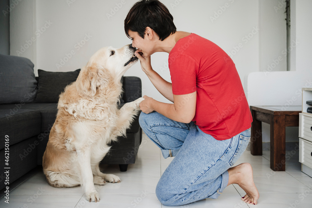 Female owner feeding dog while kneeling at home Female owner feeding dog while kneeling at home