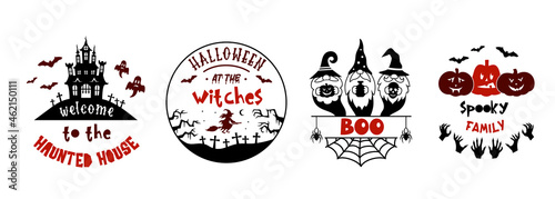 Halloween sign with quotes. Set of fall holiday symbols with saying. Halloween designs for emblem, badges and cards.