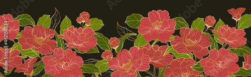 Luxurious line arts background design with peony flower spherical composition for wallpaper, textiles, paper and prints. Vintage vector illustration. 