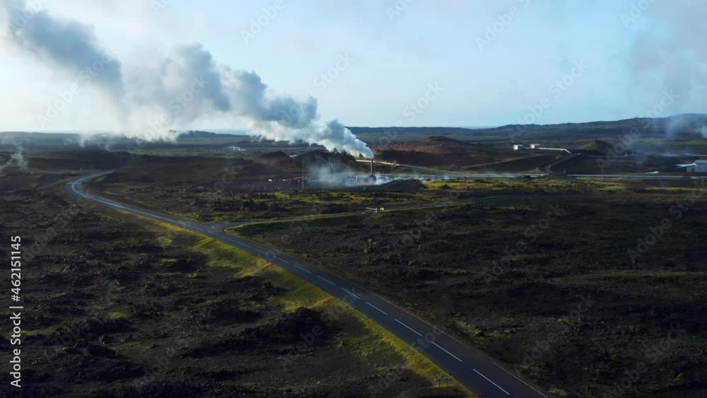 Road Leading To Geothermal Power Plant At Reykjanes Peninsula In Iceland. Aerial