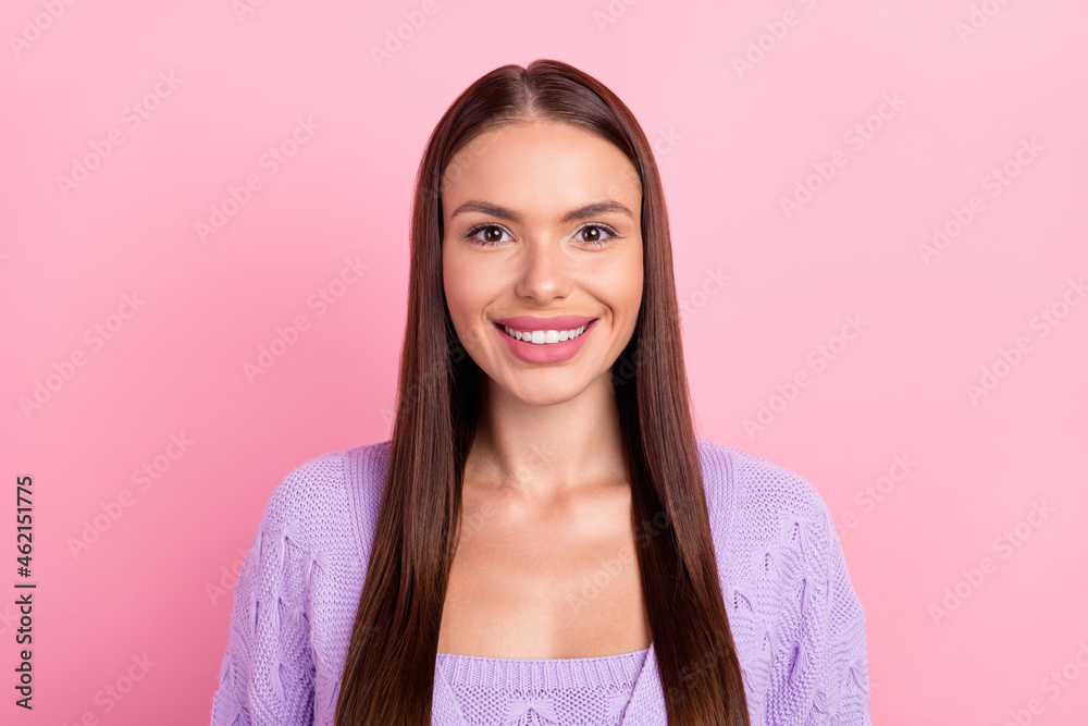 Photo of young cheerful positive nice woman good mood smile enjoy isolated on pastel pink color background Photo of young cheerful positive nice woman good mood smile enjoy isolated on pastel pink color background