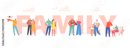 Family Concept. Parents Characters with Newborn and Toddler Baby on Hands, Father and Mother Care of Child, Maternity