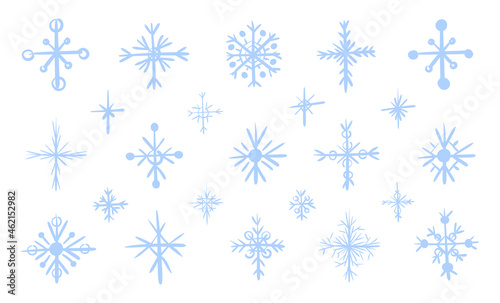 Set of hand-drawn vector snowflakes. Isolated flat illustration of decorative winter elements