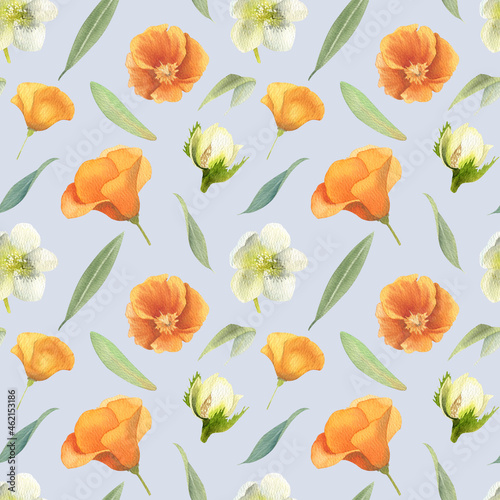 watercolor seamless pattern with spring flowers and leaves