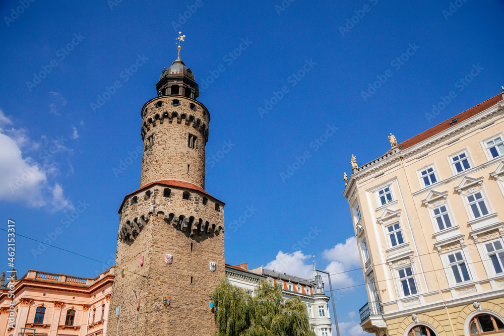 Goerlitz, Saxony, Germany, 04 September 2021: gothic renaissance massive Reichenbach Tower or Reichenbacher Turm, historical center of old town, part of medieval fortification at sunny summer day