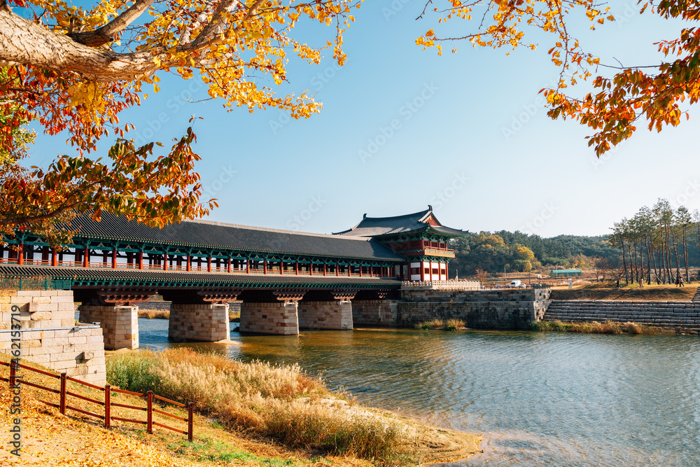 Woljeonggyo Korean traditional bridge at autumn in Gyeongju, Korea