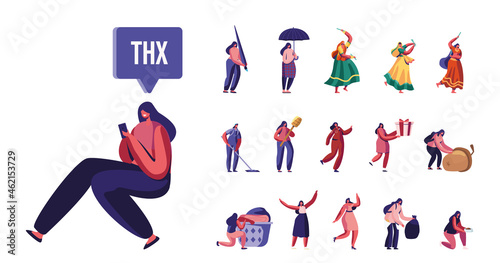 Set of Female Characters with Open and Closed Umbrella, Indian Girls Dancing, Woman Use Smartphone, Ambulance Doctor, People Life Isolated on White Background. Cartoon Vector Illustration