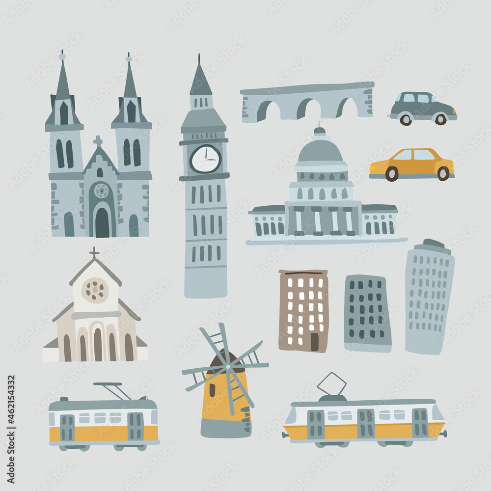 Set of hand drawn houses, monuments. Transportation vehicles. Urban icons isolated on blue background. Town, village concept. Cathedral, Big Ben tower, Capitol and bridge. Cars and trams. Vectors.