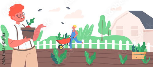 Children Farmers or Cottagers Working in Garden Planting Sprouts to Ground, Care of Plants. Kids Active Outdoors Hobby