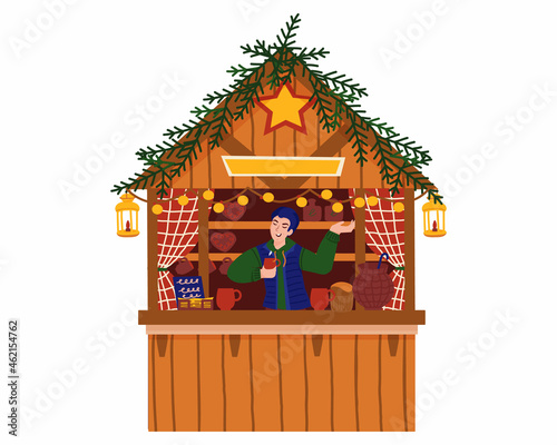 Mulled wine shop and gingerbread.Christmas fair, holiday shopping. Holidays with happy family.