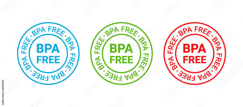 BPA free icon stamp. Non toxic plastic round label. No bisphenol badge. Seal imprint for eco package. Waste marks isolated on white background. Vector illustration. Retro green blue red emblem.
