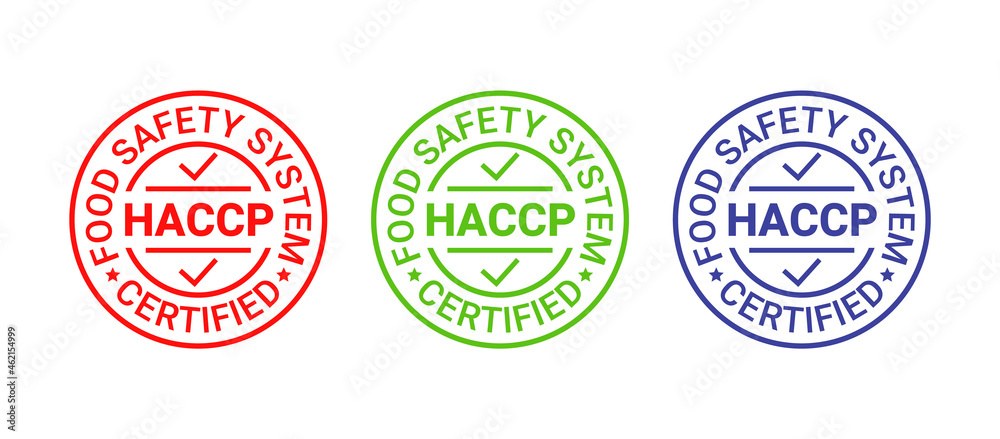 HACCP Hazard Analysis Critical Control Points icon. Food safety system stamp, badge. Certified round label. Quality warranty emblem. Set seal imprints isolated on white background. Vector illustration HACCP Hazard Analysis Critical Control Points icon. Food safety system stamp, badge. Certified round label. Quality warranty emblem. Set seal imprints isolated on white background. Vector illustration