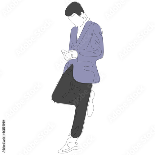 Continuous line art drawing style man with phone. Line Art Drawing man with hand mobile phone vector illustration.
