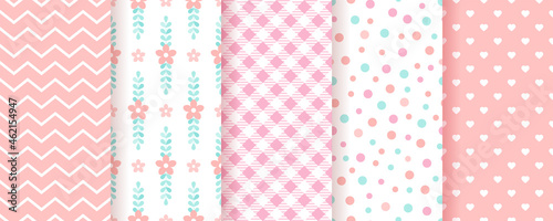 Baby girl backgrounds. Pastel seamless pattern. Cute pink geometric textures. Childish prints with zigzag, flowers, hearts, circles and plaid. Set of kids backdrops. Vector illustration