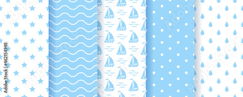 Baby boy backgrounds. Pastel seamless pattern. Cute blue geometric textures. Childish prints with polka dot, stars, waves, boats and drops. Set of sea monochrome kids backdrops. Vector illustration