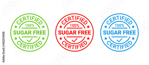Sugar free icon, round stamp. No sugar added label. Certified sticker, emblem. Diabetic badge. Green red blue seal imprints isolated. Emblem for packaging on white background. Vector illustration