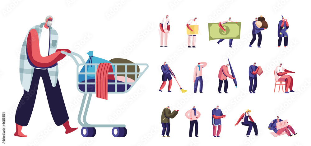 Set of Senior Male Characters Lifestyle, Homeless Old Man with Trash in Trolley, Tiny Pensioner with Huge Bill, Sweets Set of Senior Male Characters Lifestyle, Homeless Old Man with Trash in Trolley, Tiny Pensioner with Huge Bill, Sweets