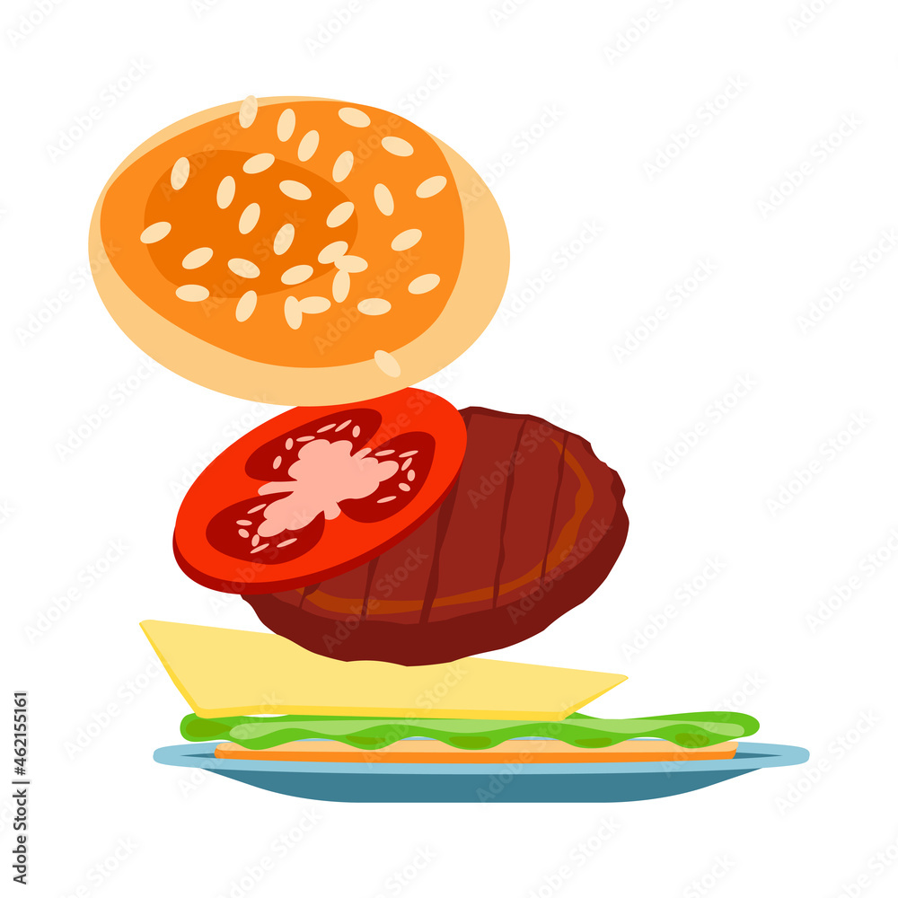 Fresh cheeseburger with tomato, cutlet, cheese and salad Fresh cheeseburger with tomato, cutlet, cheese and salad