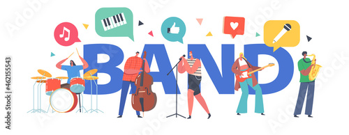 Music Band Concept. Artists with Musical Instruments Singing Rock Song, Guitar, Contrabass and Sax Player Accompany