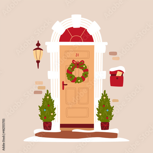 Christmas and New Year concept. Entrance door decorated for Christmas. Traditional Christmas home decoration, fir trees, lantern and mailbox. Vector illustration