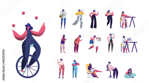 Set Female Characters Lifestyle, Young Woman Juggling with Balls on Monowheel, Girl Messaging by Smartphone, Shopping