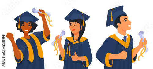 Happy students celebrating graduation, diploma. People graduated. Graduate celebration ceremony. A student holds a paper scroll. A vector cartoon illustration.
