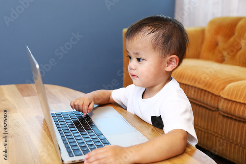 パソコンを使用して遊んでいる男の子。