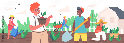 Children Gardening Work. Little Gardeners Boys and Girls Planting and Caring of Plants. Happy Kids Characters Working