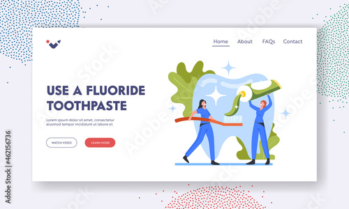 Fluoride Toothpaste Landing Page Template. Tiny Dentist Doctor Characters Caring of Huge Tooth. Caries Prevention