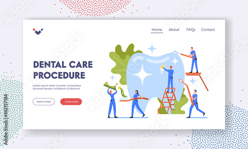 Dental Care Procedure Landing Page Template. Oral Treatment, Tiny Dentists Characters in Medical Robe Clean Huge Tooth