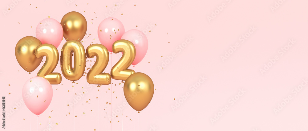 New Year's golden and pink balloons with copy space. 3d rendering - obrazy, fototapety, plakaty 