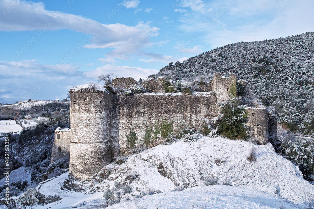 snow-covered ruins of an ancient castle