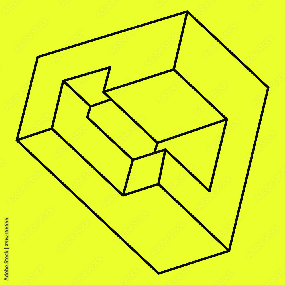 Impossible shape. Sacred geometry. Optical illusion. Abstract eternal geometric object. Impossible endless outline. Impossible geometry object on a yellow background. Op art. Line art. Impossible shape. Sacred geometry. Optical illusion. Abstract eternal geometric object. Impossible endless outline. Impossible geometry object on a yellow background. Op art. Line art.