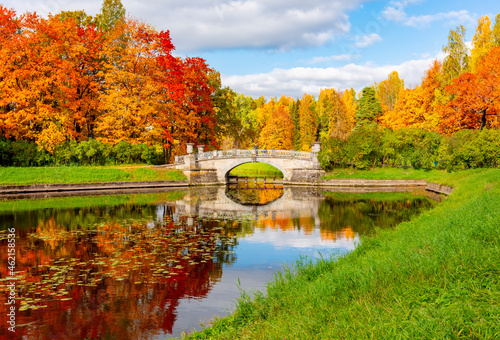 Viskontyev bridge over Slavyanka river in autumn in Pavlovsky park, Pavlovsk, Saint Petersburg, Russia