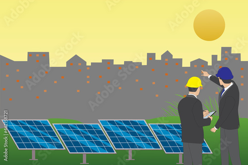 Businessman meeting for solar energy project at the solar station with silhouette of city in background. Solar photovoltaic module. Vector and illustration design.