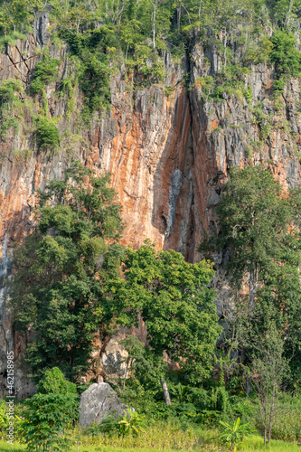Landscape view of karst mountain popular for rock climbing in beautiful valley near Chiang Dao, Chiang Mai, Thailand