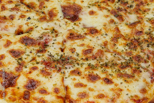 Close-up of pizza topped with cheese and oregano