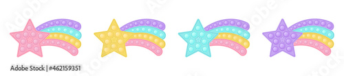 Set of popit stars with a rainbow tail in style a fashionable silicon fidget toys. Antistress toy in pastel colors - pink, blue, yellow, purple. Bubble sensory pop it. Isolated vector illustration.