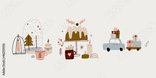 modern boho hygge minimalism. merry christmas and new year. winter stickers for design. vector set of christmas elements.