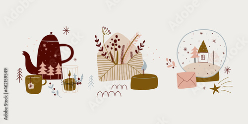 modern boho hygge minimalism. merry christmas and new year. winter stickers for design. vector set of christmas elements.