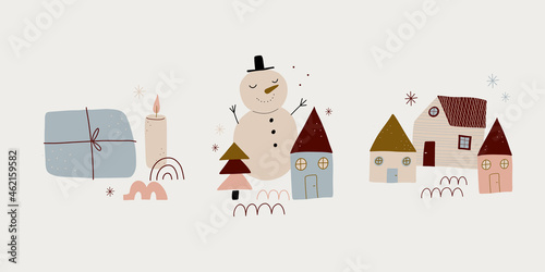modern boho hygge minimalism. merry christmas and new year. winter stickers for design. vector set of christmas elements.