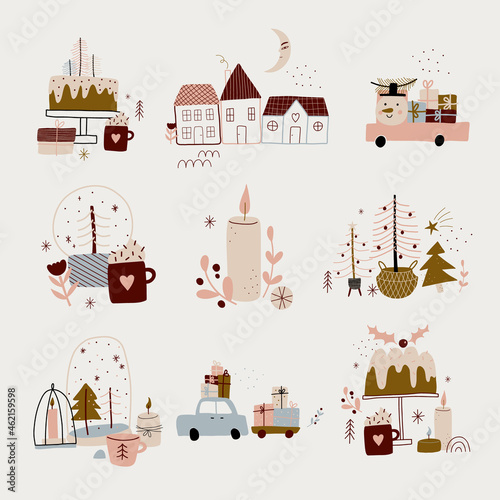 modern boho hygge minimalism. merry christmas and new year. winter stickers for design. vector set of christmas elements.