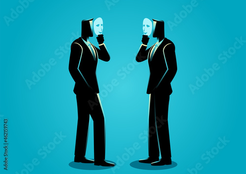 Two businessmen talking with each other using mask