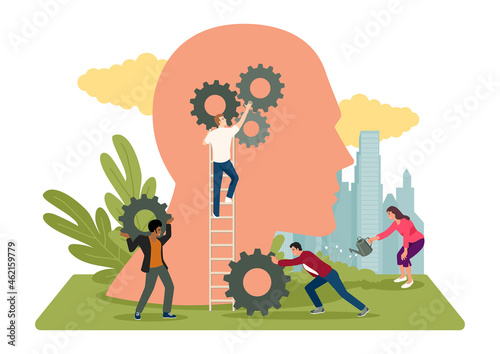 Group of people installing gears in human head