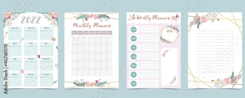 2022 table calendar week start on Sunday with feather,flower that use for vertical digital and printable A4 A5 size