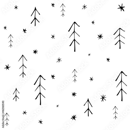Seamless pattern with christmas trees in scandinavian style on snowy background. Simple minimalistic background for web, pint, wallpaper, wrapping paper, textile, scrapbooking.
